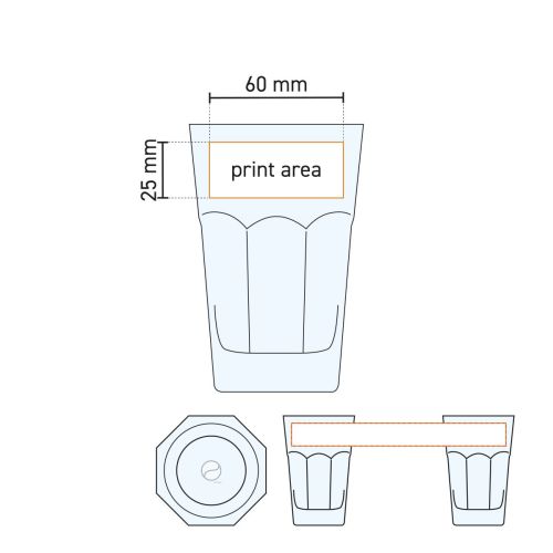 Technische Arbeitszeichnung des Casablanca Latte Glases 29,5 cl. (120 mm) mit angegebenem Druckbereich. Technische Arbeitszeichnung des Casablanca Latte Glases 29,5 cl. (120 mm) mit angegebenem Druckbereich.