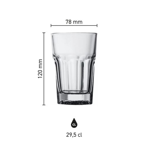 Infografik, die die Produkthöhe und den Inhalt des Glases Casablanca Latte 29,5 cl. von 120 mm zeigt. Infografik, die die Produkthöhe und den Inhalt des Glases Casablanca Latte 29,5 cl. von 120 mm zeigt.