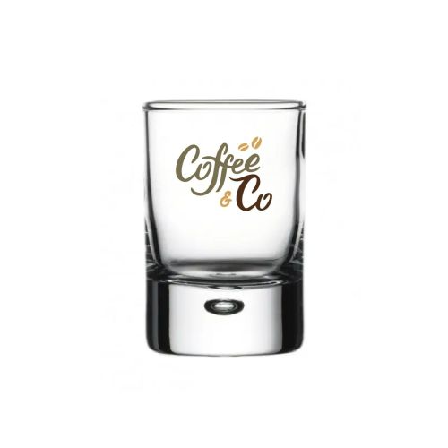 Centra Shot 6,3 cl Glas mit CoffeeCo Logo in mehreren Farben auf der Vorderseite des Trinkglases.