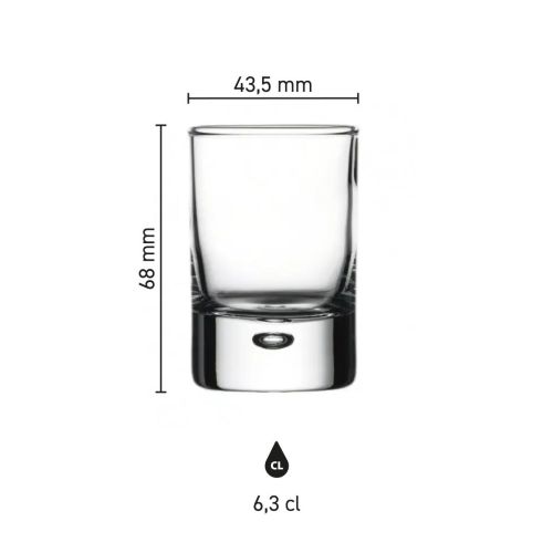 Infografik mit den Abmessungen des Centra Shot 6,3 cl Glases, einschließlich Höhe und Durchmesser.