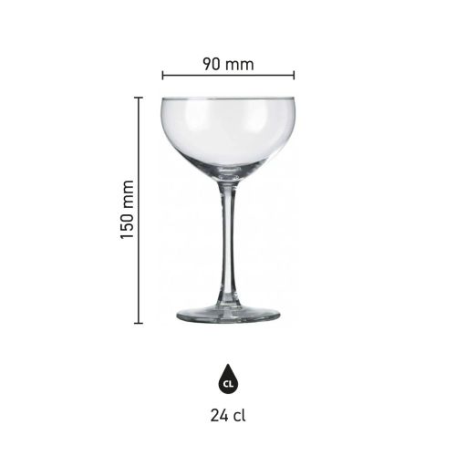 Infografik mit den Abmessungen des Specials 24 cl Sektglases, mit Höhe, Kelchbreite und Fassungsvermögen.