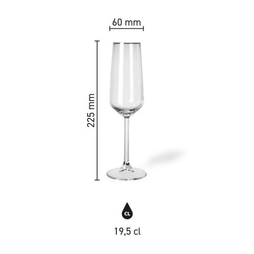 Übersichtsbild mit den Abmessungen der Champagnerglas 19,5 cl Allegra einschließlich Höhe und Fassungsvermögen.