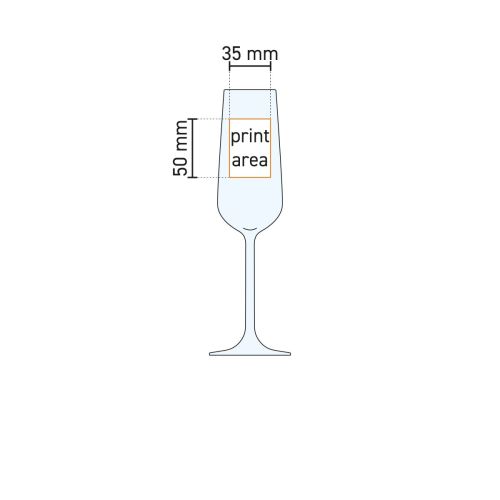 Technische Arbeitszeichnung der Champagnerglas 19,5 cl Allegra mit Angabe der Druckfläche für das Logo.