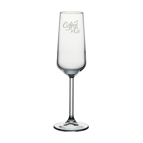 Champagnerglas 19,5 cl Allegra mit feiner CoffeeCo-Logo-Gravur auf der Vorderansicht.