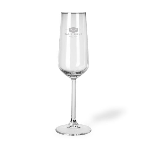 Glas-Champagnerflöte Allegra 19,5 cl mit TableTrend-Logo als Gravur auf der Vorderseite sichtbar.