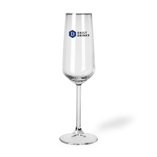 Sektflöte Allegra 19,5 cl aus Glas mit mehrfarbigem DailyDrinks-Logo auf der Vorderseite.