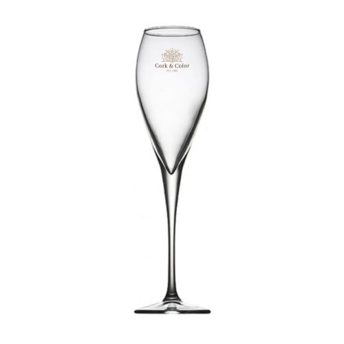 Monte Carlo Champagnerglas von 22,5 cl mit mehrfarbigem CorkColor-Logo auf der Vorderseite.