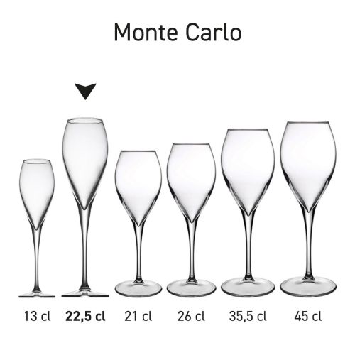 Serie von Monte-Carlo-Champagnerflöten von 22,5 cl, praktisch präsentiert als Glas-Set.