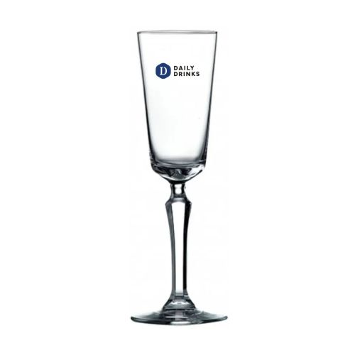 Vorderseite des Champagnerglas Spksy 17.4 cl mit mehrfarbigem DailyDrinks-Logo, das dezent auf das Glas gedruckt ist.