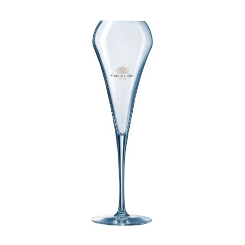 Frontansicht Sektglas 20 cl mit mehrfarbigem Logo CorkColor auf Kelch, Chef & Sommelier Open Up. Frontansicht Sektglas 20 cl mit mehrfarbigem Logo CorkColor auf Kelch, Chef & Sommelier Open Up.