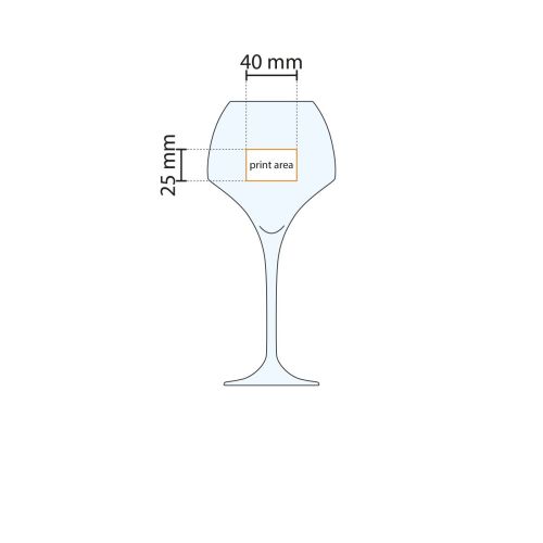 Arbeitszeichnung mit Markierung der Druckfläche für Chef & Sommelier Open Up Weinglas 47 cl. Arbeitszeichnung mit Markierung der Druckfläche für Chef & Sommelier Open Up Weinglas 47 cl.