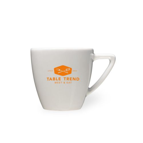 Vorderseite der Classic Kaffeetasse 15 cl. bedruckt mit einfarbigem TableTrend Logo auf weißem Porzellan.
