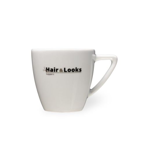 Klassische Kaffeetasse aus weißem Porzellan 15 cl. mit mehrfarbigem Hair &amp; Looks Barbier-Logo auf der Vorderseite, klassisches Modell und glatte Oberfläche.