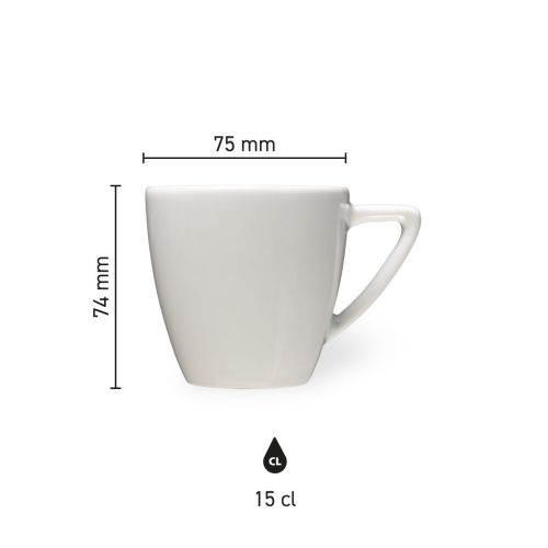 Die Infografik zeigt die technischen Produktabmessungen der Classic Coffee cup white 15 cl. in Millimetern.