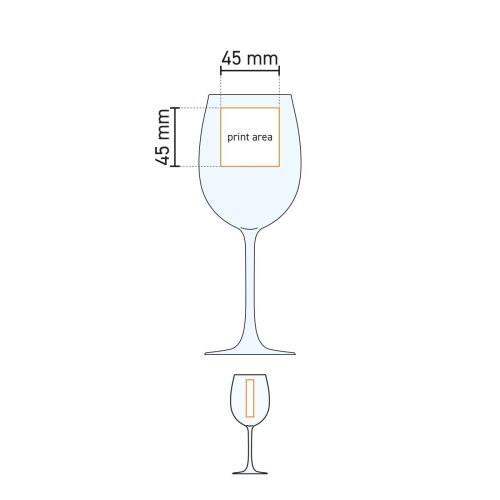 Technische Arbeitszeichnung der Druckfläche auf dem Weinglas Cosy Moments 35 cl. mit Logopositionierung. Technische Arbeitszeichnung der Druckfläche auf dem Weinglas Cosy Moments 35 cl. mit Logopositionierung.