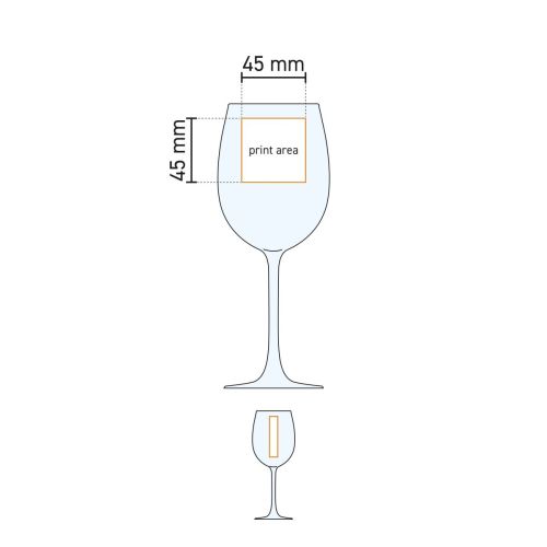 Technische Arbeitszeichnung mit Druckfläche auf dem Weinglas Cosy Moments 48 cl. für die Platzierung des Logos.