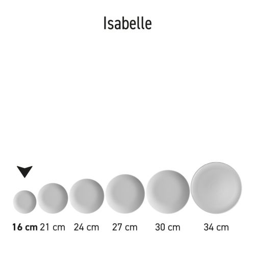 Mehrere Coupe-Teller Isabelle von 16 cm Porzellan präsentiert als eine Serie in verschiedenen Stapeln.