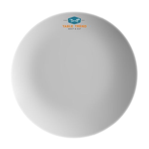 Porzellanteller Isabelle 27 cm, bedruckt mit mehrfarbigem TableTrend-Logo in der Mitte des Tellers.