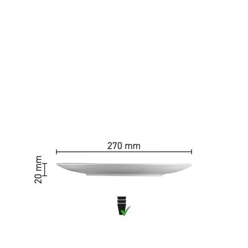 Die Abbildung zeigt die Abmessungen des Porzellan-Kuppeltellers Isabelle mit einem Durchmesser von 27 cm.
