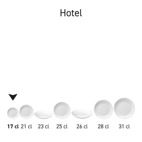 Serienanordnung mehrerer weißer Hotel-Coupé-Teller aus der gleichen Porzellanlinie.