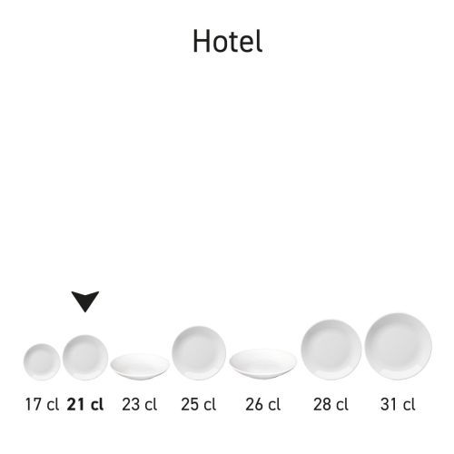Serienarrangement von mehreren weißen Porzellan-Hotel-Coupé-Tellern.