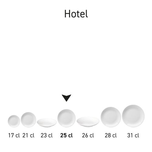 Serie von Hoteltellern aus weißem Porzellan, präsentiert als passende Geschirrserie.
