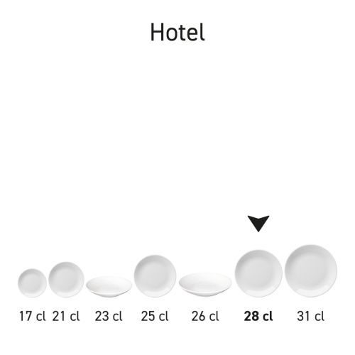 Serie von Hotel-Coupé-Tellern aus weißem Porzellan, die als Teil einer Geschirrserie präsentiert werden.