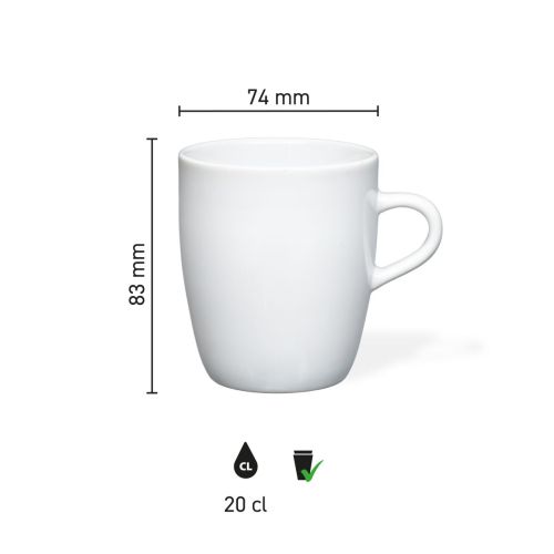 Die Infografik zeigt die technischen Abmessungen des Cynthia Tasse Weiß 20 cl. in Millimetern.