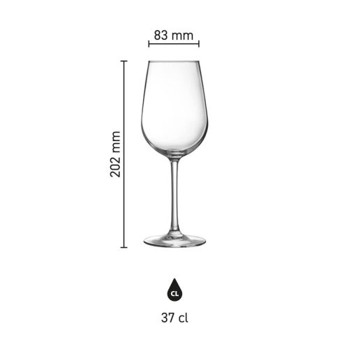 Infografik mit den Produktabmessungen von Domaine Weinglas 37 cl. Glas, einschließlich Höhe und Breite.
