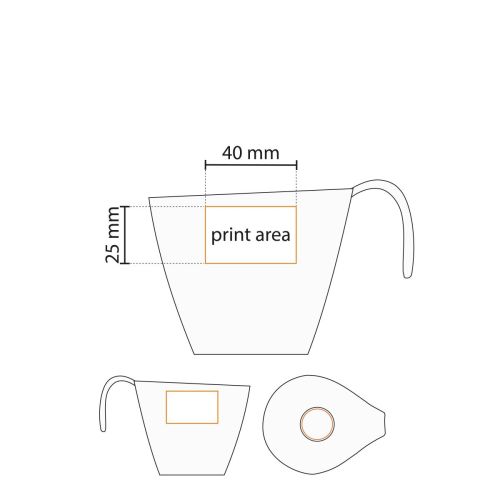Technische Arbeitszeichnung von Dream Tasse und Untertasse 15 cl Porzellan mit Angabe der Druckfläche.