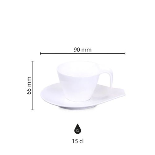 Infografik zeigt die Produktabmessungen von Dream Tasse und Untertasse 15 cl aus Porzellan, mit Durchmesser und Höhe.