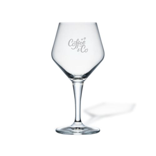 Transparentes Eder Kelchglas 30 cl mit eingraviertem CoffeeCo-Logo auf der Frontplatte
