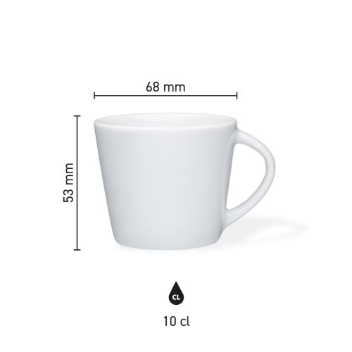 Infografik mit den Abmessungen der Eva Espresso Tasse weiß 10 cl Porzellan, übersichtlich dargestellt.