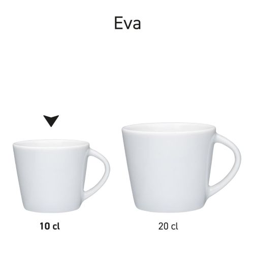 Übersicht der Eva Espressotasse weiß 10 cl. und 20 cl. präsentiert als Serie in Porzellan.