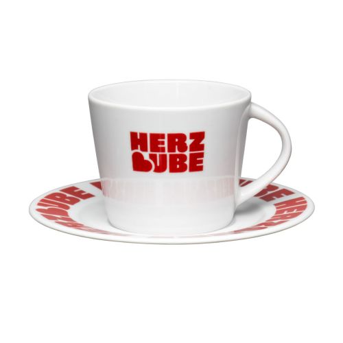 Eva Kaffeetasse und Untertasse, 20 cl, aus Porzellan, mit einfarbigem Herzube-Logo auf der Vorderseite