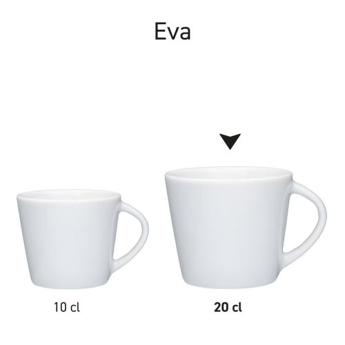 Serie Eva Kaffeetassen von 10 cl. und 20 cl. aus Porzellan in verschiedenen Positionen präsentiert.