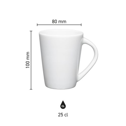 Maße des Eva-Bechers, weiß, 25 cl, aus Porzellan – Höhe, Durchmesser und Fassungsvermögen in einer Infografik