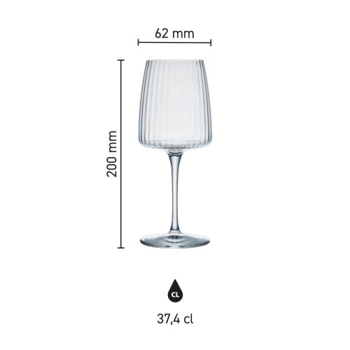 Maße des Exclusiva-Weinglases (37,4 cl) mit Höhe, Durchmesser und Fassungsvermögen in einer Infografik