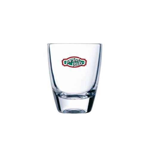 Vorderansicht eines Gin Shot-Glases 3,5 cl mit mehrfarbigem PrintPub-Logo auf dem Glas.