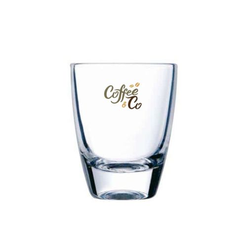 Schnapsglas 5 cl mit mehrfarbigem CoffeeCo-Logo auf der Vorderseite, bedruckt in 2 bis 4 Farben.