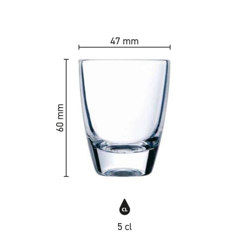 Infografik mit den Abmessungen von Gin Shot Gläsern 5 cl, einschließlich Höhe und Durchmesser.