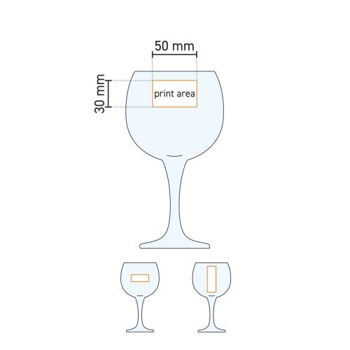Technische Arbeitszeichnung von Gin Tonic Glas Ambassador 79 cl. mit Markierung der Druck- und Gravurfläche.