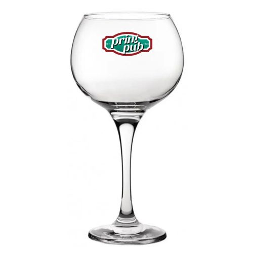 Vorderansicht des Gin Tonic Glases Ambassador 79 cl. bedruckt mit mehrfarbigem PrintPub-Logo auf der Mittelfläche.