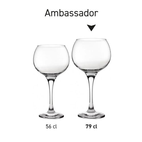 Serienbild von Gin Tonic Gläsern Ambassador 79 cl. mit ähnlichem Design und unterschiedlichem Inhalt, dargestellt als eine Produktlinie.