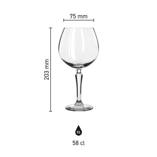 Größe des Gin Tonic Glases Spksy 58 cl. mit Höhe, Durchmesser und Fassungsvermögen in der Infografik