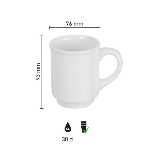 Größe des Glühwein Tasse 30 cl. Keramik mit Höhe, Durchmesser und Fassungsvermögen in Infografik