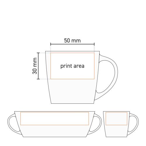 Technische Arbeitszeichnung der Handy-Espressotasse aus Keramik mit Angabe der Druckfläche. Technische Arbeitszeichnung der Handy-Espressotasse aus Keramik mit Angabe der Druckfläche.