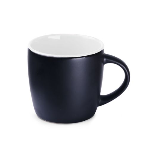 Vorderansicht Handliche Espressotasse 10 cl. aus schwarzer und weißer Keramik mit glatter Oberfläche und kompakter Form. Vorderansicht Handliche Espressotasse 10 cl. aus schwarzer und weißer Keramik mit glatter Oberfläche und kompakter Form.