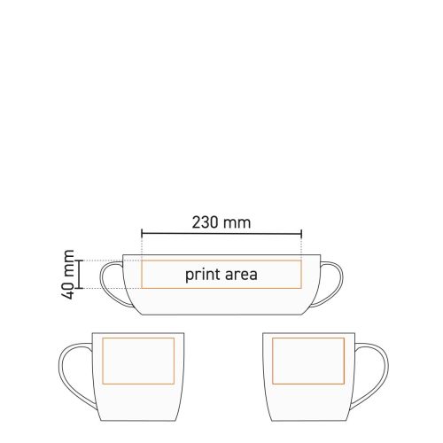 Technische Zeichnung der Handy Tasse Weiß 30 cl. Porzellan mit markiertem Druckbereich. Technische Zeichnung der Handy Tasse Weiß 30 cl. Porzellan mit markiertem Druckbereich.