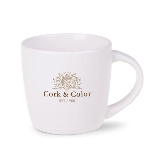 Handlicher Porzellanbecher Weiß 30 cl. Vorderansicht mit mehrfarbigem CorkColor-Logo. Handlicher Porzellanbecher Weiß 30 cl. Vorderansicht mit mehrfarbigem CorkColor-Logo.